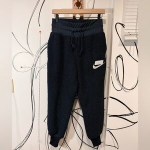 Nike Deep Navy Sherpa Joggers with White Swoosh, Size Small, Lined, Pockets
